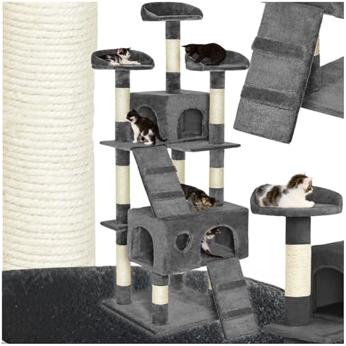 tectake® arbol rascador para Gatos, sisal Resistente, casa 3 nidos, Sistema antivuelco, Poste rascador Gatos, Cama de Gato, Juguetes para Gato - 170 cm Alto Gris