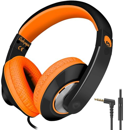 rockpapa Comfort+ Kids Headphones with Microphone, Boys Girls Student Over-Ear Headphones Wired Foldable for School Classroom Laptop PC Computer Tablet Black Orange
