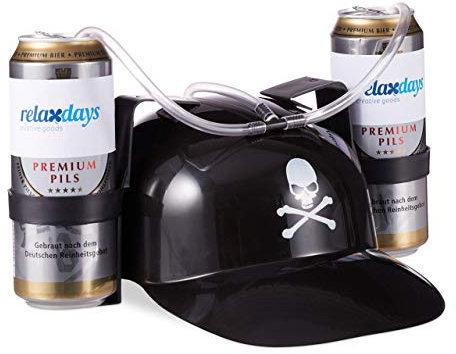 Relaxdays 4x Elmetti Porta Birra, Stemma dei Pirati, per 2 Lattine, Gadget per Carnevale, Cappello per Bibite con Teschio, Nero
