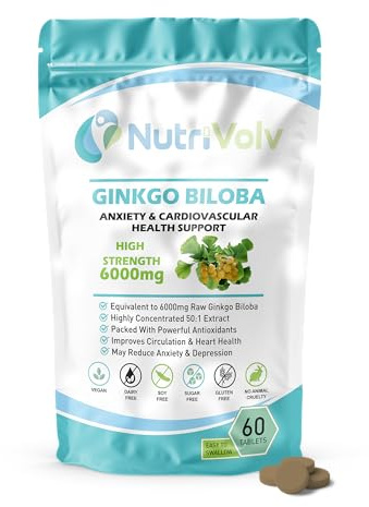 Ginkgo Biloba 6000mg Supplements Helps Promote Healthy Memory & Cognitive Function Blood Circulation, Heart, Memory, Focus & Anxiety | 60 Tablets