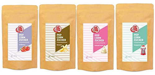 Popcornloop® Popcorn und Zuckerwatte Zucker Aroma Popcornzucker 4er Set aus Erdbeere | Banane | Kaugummi | Sahne Creme jeweils 500gr Zucker Aroma Premium Zuckeraroma