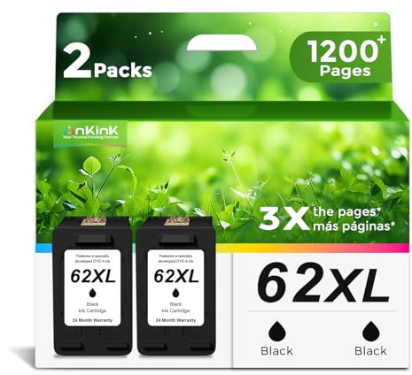 Compatible 62 Ink Cartridges Replacement for HP Ink 62 62XL HP62 Black Cartridge for 5540 5542 5545 5640 5642 5660 5664 5665 7640 7645 8000 8005 200 250 5740 5742 5743 5745 8040 Printer 62 XL（2 Pack）