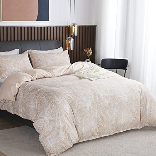 Parure de Lit Beige de Motif Feuilles Tropicales, 1 x Housse de Couette 200x200 cm 2 Personnes et 2 x Taies d'oreiller 65x65 cm, Sets de Linge Très Doux Literie Tropicale avec Fermeture Eclair