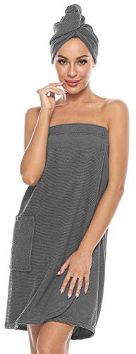 vislivin Bademantel Damen Saunakilt & Haartuch Sauna Kilt Frauen Saunakilt mit Klettverschluss und Gummizug Grau XL