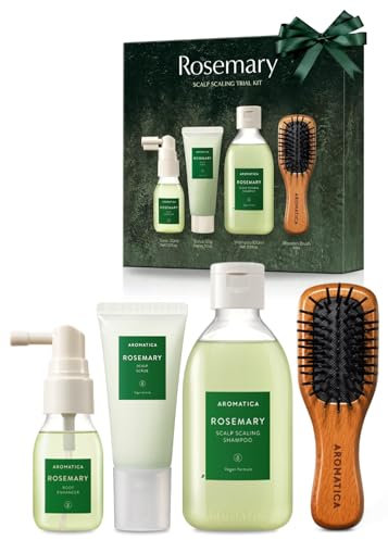 AROMATICA Rosmarin Kopfhaut-Skalierung - Geschenkset - [Mini Holzhaarbürste / rosmarin shampoo 100 ml / Rosmarin-Wurzel Verstärker 30 ml / Kopfhaut-Peeling 30 ml] Pflanzenbasiertes veganes hair care