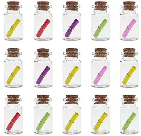 15 bottiglie di sughero da 20 x 40 mm, bottiglia vetro trasparente, bottiglia auguri e messaggi, artigianato fai da te, decorazione feste di nozze, auguri, con 15 piccoli appunti desideri.