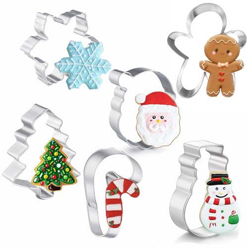 Large Christmas Cookie Cutters, 4 Holiday Cookie Cutters Shape with Recipe Instruction Gingerbread Men,Christmas Tree,Snowflake, Candy Cane,Santa Face and Snow Man for Baking