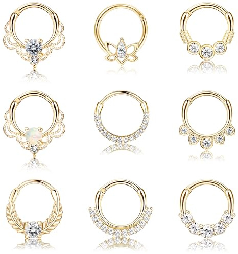 Kakonia 9Stk Septum Piercing Chirurgenstahl für Damen Herren 16G CZ Nasenpiercing Ring Tragus Helix Daith Piercing Schmuck Gold Septum Clicker Ring Set 8MM