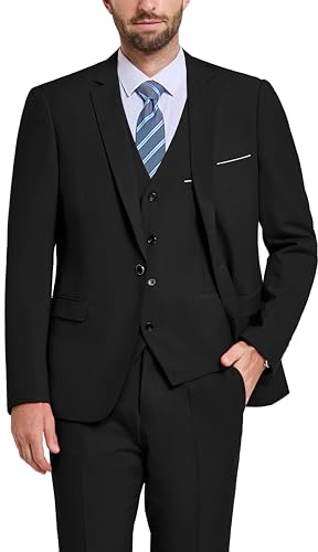 Hihawk Men's 3 Piece Suit with Stretch Fabric, Solid Slim Fit One Button Suit Blazer Set, Jacket Vest Pants with Tie., Black, L