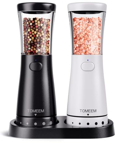 Salz und Pfeffermühlen elektrisch 2er Set aus Edelstahl (Wiederaufladbar, LED Beleuchtung, mit einstellbarem Keramikmahlwerk, Reinigungsbürste Bürste) Gewürzmühle elektrisch, Black/White