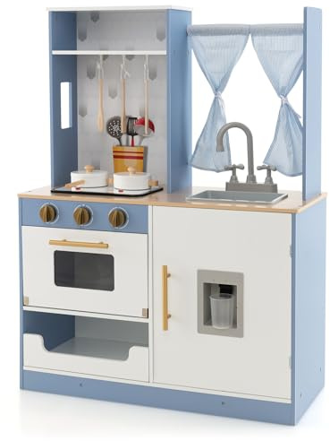 COSTWAY Cucina Giocattolo per Bambini, Cucina in Legno con Fornelli, Lavandino, Forno e Distributore d'Acqua, Set da Cucina Giocattolo con Pentole, Suoni e Luci, per Bambini di 3+ Anni