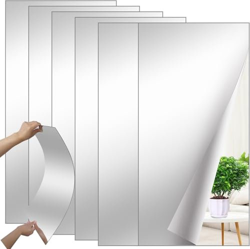 GBACHOOSE 6 Pcs Self Adhesive Acrylic Mirror, 40×30cm Large Plastic Frameless Mirror, 2mm Thickened Mirror Tiles for Bathroom, Bedroom, Living Room