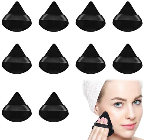 10 Pcs Triangle Powder Puff, Reusable Black Sponges for Pressed Powder, Makeup Triangle Soft Sponge, Velvet Setting Makeup Puff Powder Sponge with Strap, for Loose Cosmetic Foundation Wet Dry