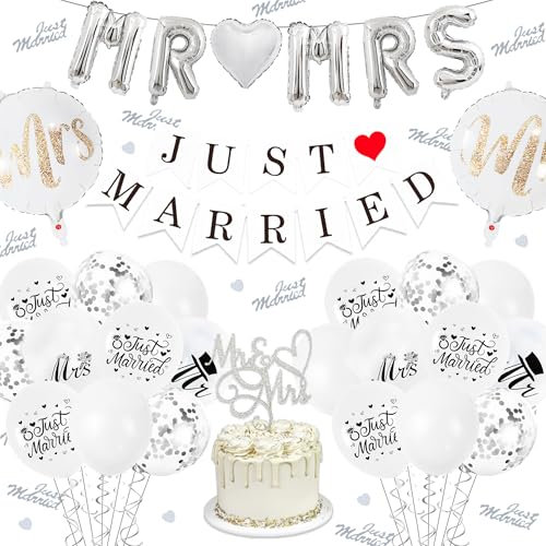 Just Married Wedding Party Decorations - Just Married Party Supplies Includes Bannner Mr & Mrs Balloons Cake Topper Latex Balloons Silver Confetti for Wedding Engagement Bridal Shower Decor