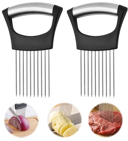 Stainless Steel Onion Slicer and Holder - 2 PCS Food Slicing Helper for Meat, Potato, Tomato, Cucumber - Kitchen Chopping Tool