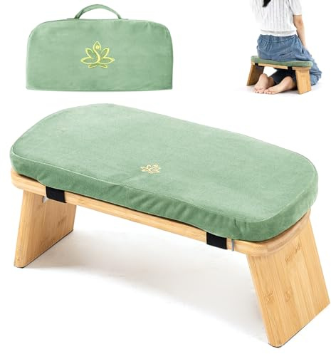 Estleys Meditation Bench, Bamboo Meditation Stool, Folding Kneeling Meditation Bench, Seiza Prayer Bench, Prayer Bench with Meditation Cushion, Kneeling Stool (Green & Bag)