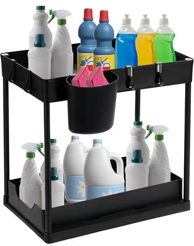 Generico Organizer Cucina Sottolavello Nero - Struttura in Acciaio con Ripiani Regolabili e Accessori - Stoccaggio per Flaconi e Utensili - Facile da Montare e Pulire - Resistente e Versatile