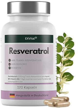 EXVital® Resveratrol Kapseln, 98% Trans-Resveratrol, 500mg pro Kapsel, 120 vegane Kapseln, vegan & ohne Zusätze, laborgeprüft