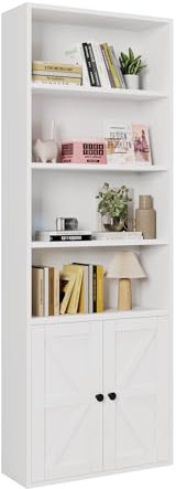 Bonnlo Bücherregal, Bücherschrank mit 2 Türen und 6 Ebenen, Vitrinenschrank, Wohnzimmerschrank aus Holz, Küchenschrank für Wohnzimmer, Schlafzimmer, Büro, Arbeitszimmer, 60x23.5x180cm, Weiß