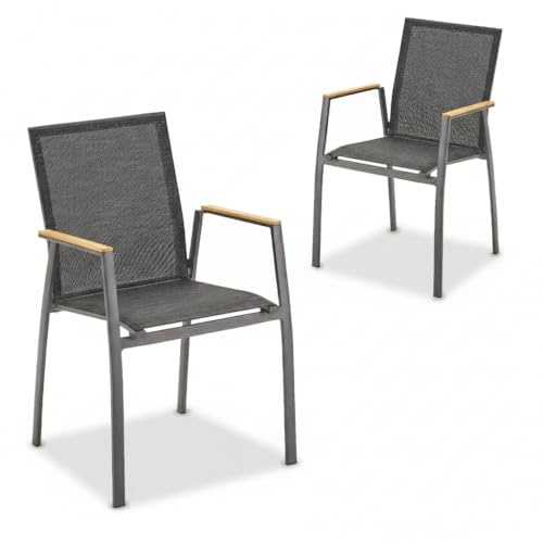Liadomo Gartenstuhl 2er-Set Pellaro - 2 Stück Stapelstuhl - Teakholz-Armlehnen - fertig montiert - Alu-Gestell - Textilen - wetterfest - stapelbar - für Garten, Terrasse, Balkon