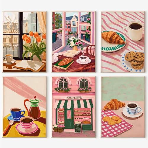 6 Packs Paint by Numbers Kit for Adults Unframed,Coffee DIY Acrylic Oil Painting Paint by Numbers Kits on Canvas,Bread Adults Paint by Numbers Kits Drawing Paintwork for Home Decor 9.8x13.8inch