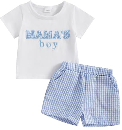 SYHVGI Baby Boy Girl Summer Fishing Golf Outfit Short Sleeve Mother Day Shirt Plaid Shorts Set Toddler Clothes (C-Blue, 6-12 Months)