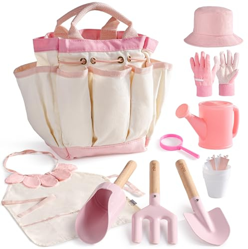 ROBUD Set di attrezzi da giardinaggio per bambini, 17 pezzi, kit di attrezzi da giardino con annaffiatoio, forchetta e pala, paletta cilindrica, guanti da giardinaggio, grembiule, cappello, borsa tote