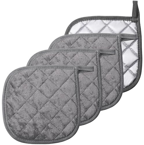 YBEATY 4 Pcs Pot Holders Kitchen Hot Pads Dining Essentials Decor Accessories Terry Cloth Potholders Sets with Hanging Loops for Oven Cooking Baking Pans Heat Resistant, Grey
