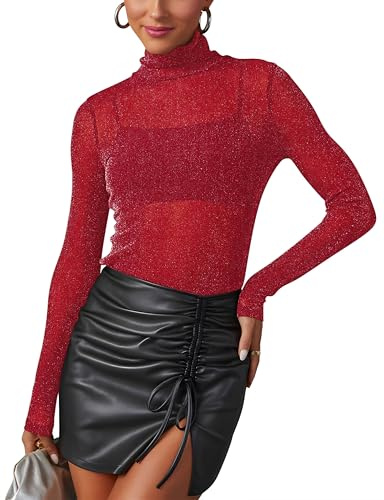 Mujer Tops de Malla Transparente con Purpurina Camiseta Transparente de Manga Larga Sexy Tops