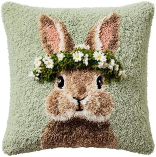 kitphoenix Knüpfkissen-Set,süßes Hasen-Blumenkranz-Porträt mit vorgedrucktem Kissenbezug,DIY Latch Hook Kissenbezug,Häkelgarn-Bastelset für Hobby und Heimdekoration,43x43 cm,3