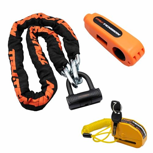 Tru-Tension | 3-Point Protection Kit | 12 mm Gold Chain Lock, Handlebar Lock & 110 dB Alarm Disc Lock | Essential Motorcycle Security Set