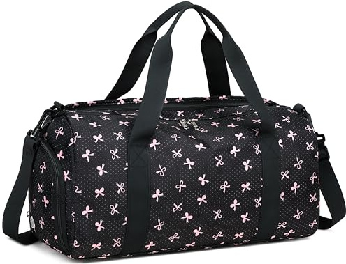 Gym Bag Sports Duffle Bags with Wet Pocket Weekender Overnight Bag with Waterproof Shoe Pouch and Air Hole for Girls Kids Women Foldable Travel Bags, Bow Pink-Black, Gym Bag