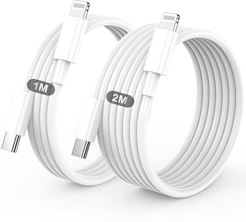 BSTOEM Cable Cargador para iPhone Carga Rápida, para Apple [MFi Certificado] 2 Unidades-1M+2M Cable USB-A a Lightning para iPhone 14 13 12 11 Pro Max Mini XS XR X 8 7 6s 6 Plus SE, para iPad, Blanco