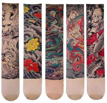 GreatRise 2 calze elastiche per tatuaggi a gamba per uomini e donne, tatuaggi temporanei senza spalline, calze sottili in nylon, calze estive cosce, calze alte motivo