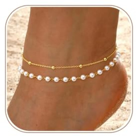 QKEOISUD Dainty 14K Gold Plated Ankle Bracelets for Women | Non Tarnish Waterproof Link Chain Summer Beach Vacation Party Pearl Foot Jewelry Set Trendy Layered Stack Ankle Bracelet