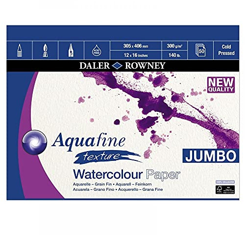 Daler-Rowney Aquafine Textured Cold-Pressed Watercolour & Gouache 300gsm 16 x 12in Paper Pad, Glued 1 Side, Natural White, 50 Sheets, Ideal for Professional & Beginner Artists, Acid-Free