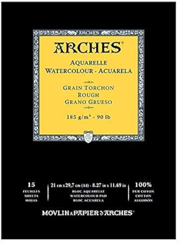 Arches 1795224 Akvarellblock huvudlimmade 15 ark – A4, 185 g/m² grovkorn-naturvit för vattenfärger, akrylfärger och gouache