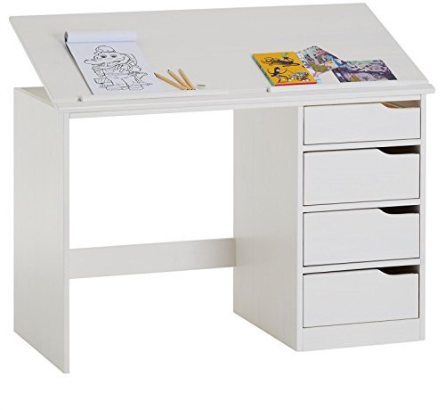 IDIMEX Kinderschreibtisch Emma aus Kiefer Massivholz, weiß - Schreibtisch mit neigungsverstellbarer Tischplatte, schöner Jugendschreibtisch mit 4 Schubladen