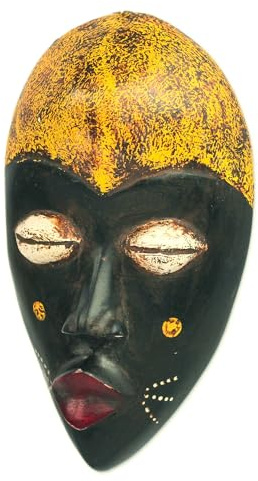 NOVICA Ghanaian Wood Mask, Black and Yellow, 'Adaoma Woman'