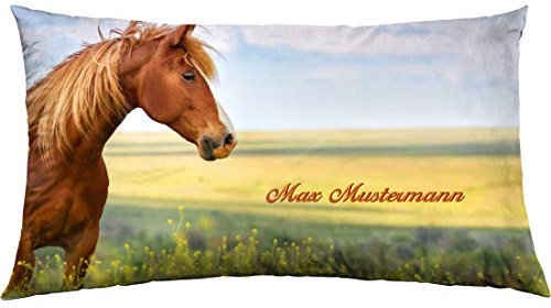 Manutextur Kissen mit Namen - Motiv Pferd - viele Motive - Kissenhülle inklusive Füllung - Größe 30x50 cm - personalisiert - persönliches Geschenk mit Wunsch-Motiv und Wunsch-Name