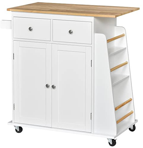 HOMCOM Kitchen Island on Wheels, Mobile Storage Trolley, Rolling Kitchen Cart with Rubber Wood Top, 2-Door Cabinets, 2 Drawers, Adjustable Shelf, 3-Tier Spice Rack, Drawers