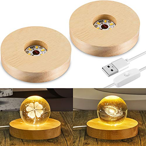 Honoson 2 Pcs LED Base Wood Light Display Base for Crystal Glass Art Resin Light Display Stand with 6 LED Wooden Crystal Resin Lamp for 3D Laser USB Only(Round)
