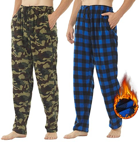 YUSHOW Lot de 2 Pantalon de Pyjama Homme en Polaire à Carreaux Hiver Bas de Pyjama Souple avec Poches Confortable Vêtements de Nuit,Plaid Bleu Noir + Camouflage Vert,XL