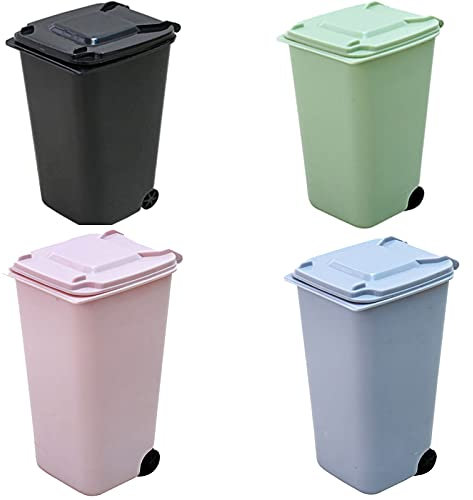 Generic Set of 4 Wheelie Bins Mini Set Anti-Leak Portable Airtight Office Table Bin with Lid, Multifunctional Rubbish Bin for Space Small as Garbage Pens Cosmetics