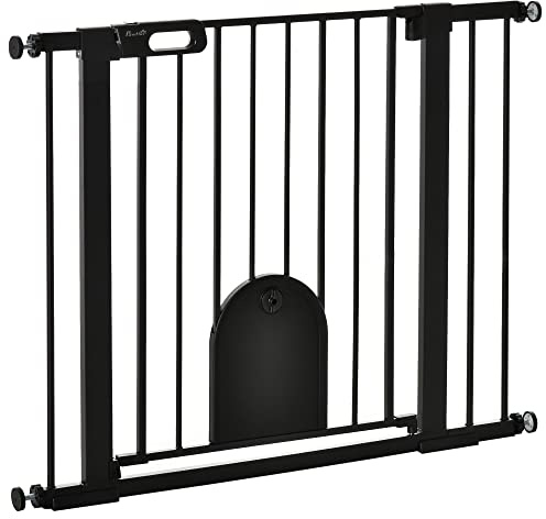 PawHut Barrera de Seguridad para Perros Extensible 75-103 cm, para Puertas y Escaleras, Barrera para Perros con Puerta Pequeña, 2 Extensiones, Montaje a Presión y Doble Bloqueo, Negro