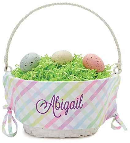 Personalized Easter Egg Basket with Handle and Custom Name in Purple Script | Multicolor Gingham Easter Basket Liners | White Basket | Woven Easter Baskets for Kids Adults | Customized Easter Basket