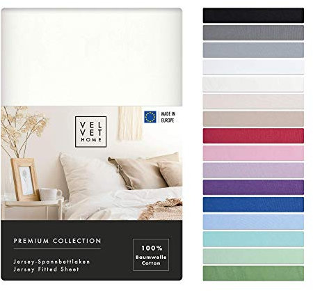 VelvetHome Spannbettlaken 90x200cm 100% gekämmte Baumwolle Made in EU Jersey Bettlaken 90x200 bis 25 cm Matratzenhöhe Spannbetttuch 90x200 Premium Qualität Schönen Farben Ecru 90 x 200