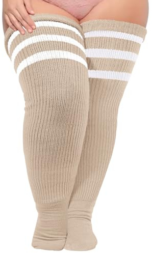 Moon Wood Extra Longues Chaussette Haute sans Couture Femme Couleur Extra Longues Chaussettes Montantes Femme Fantaisie Bottes Chaussettes femme Grande Taille Beige & Blanc