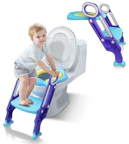 SUBTLETY Toilettensitz Kinder Toilettentrainer mit Verstellbarer Treppe & PU-Kissen Toilettenaufsatz Klappbarer Töpfchen-Trainer Klappbarer WC Sitz für Kinder von 1-7 Jahren (Blau + Lila)