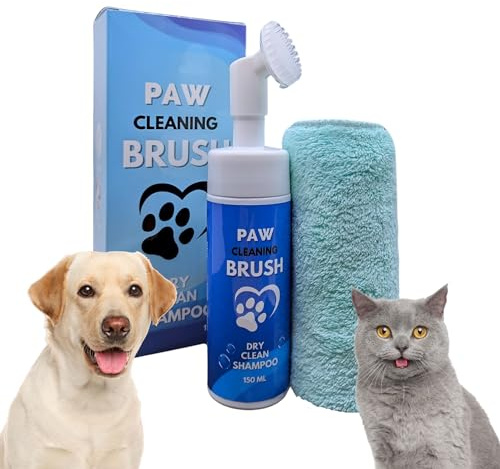 Easytech Nettoyant pour pattes de chien, 150 ml, serviette en cadeau, brosse à mousse sèche, pas besoin d'eau et de rinçage, élimine la saleté et les bactéries, écologique, nettoie les pattes du chien